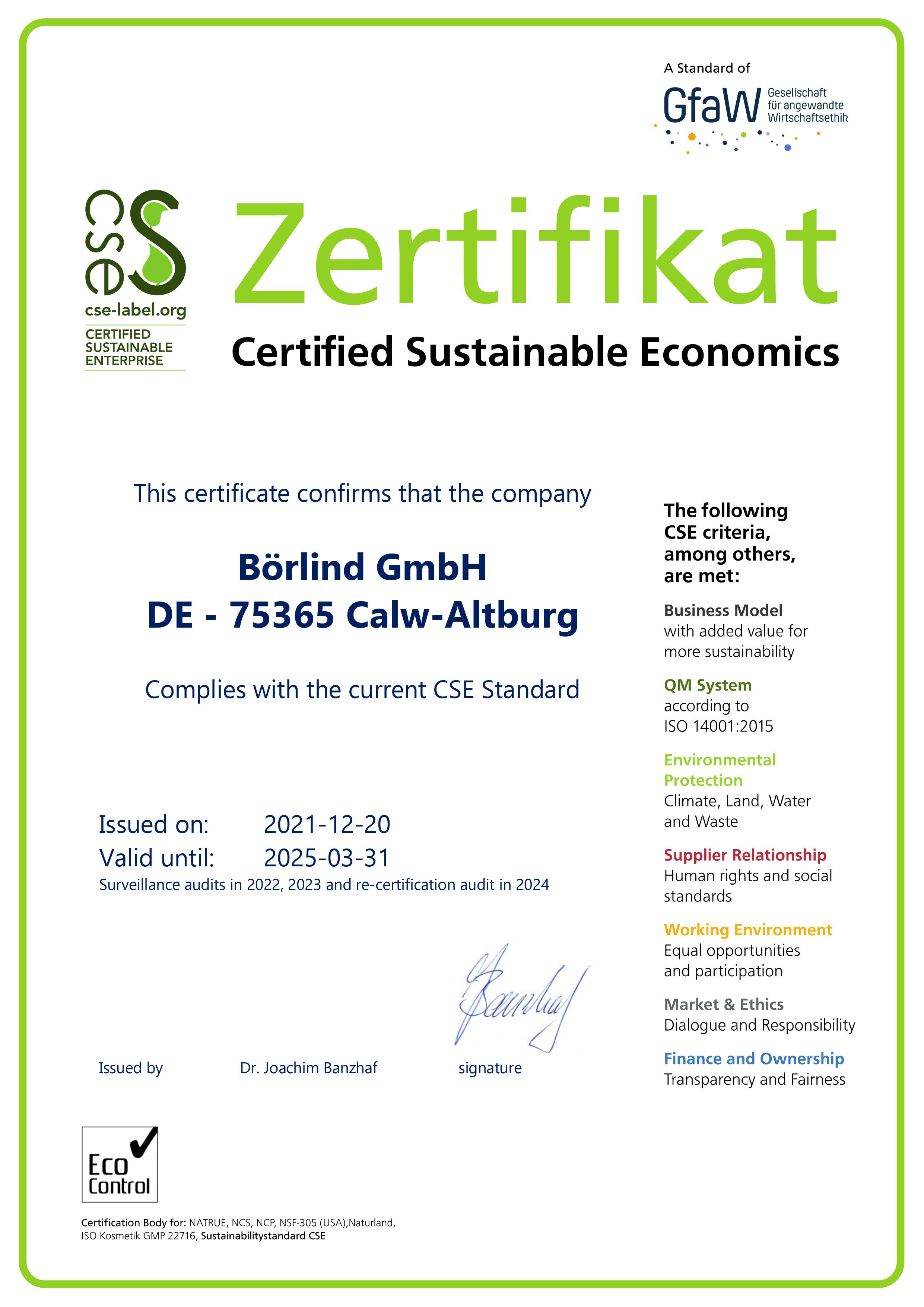 CSE certificate Börlind GmbH