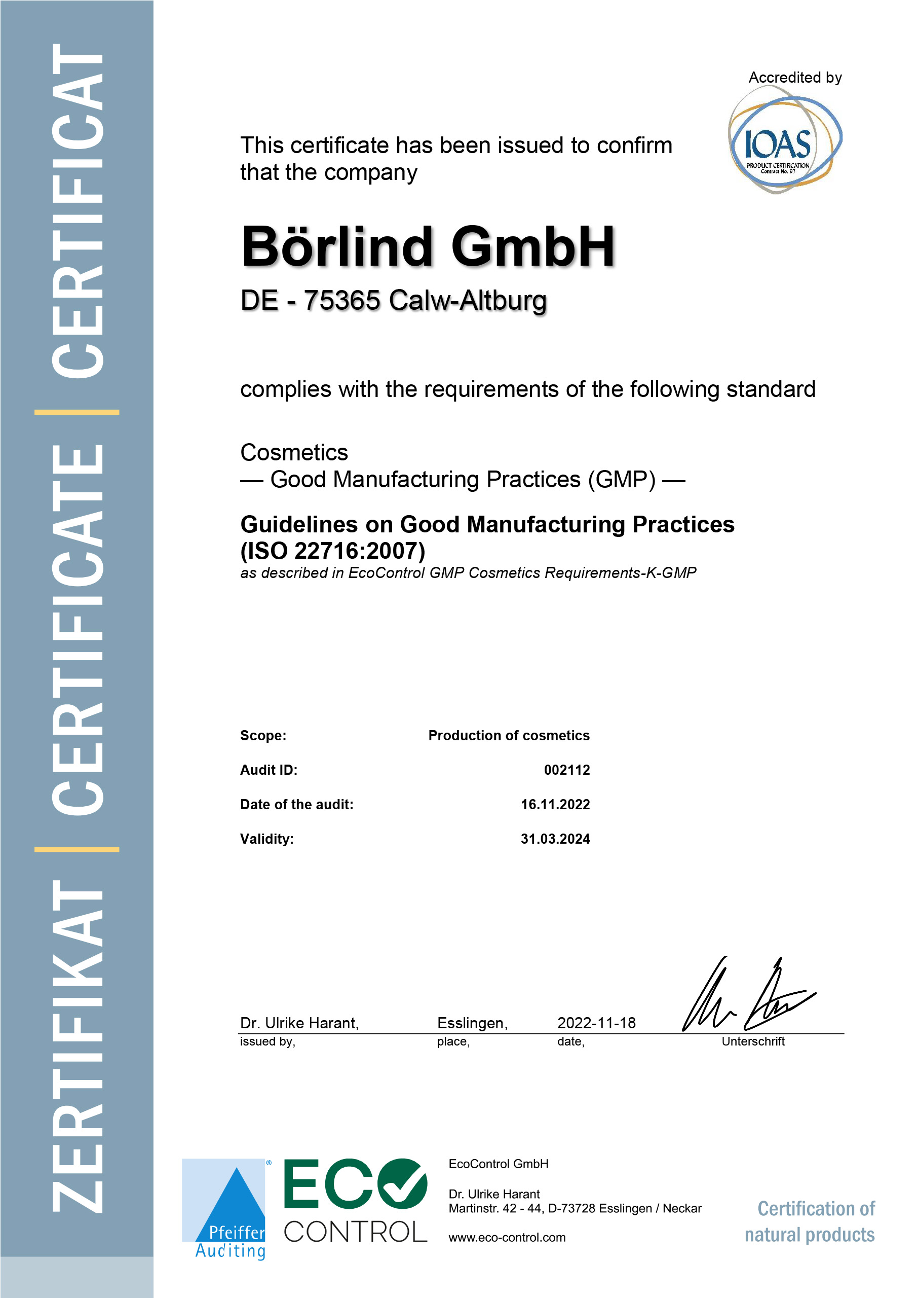 GMP certificate Börlind GmbH